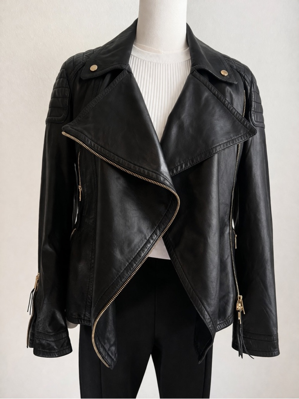 Burberry Black Leather Asymmetric Moto Jacket with Gold Hardware
